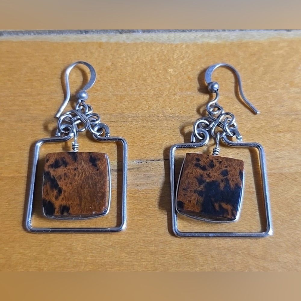 Sterling Silver Dangel Drop Earrings Square Mahogany Obsidian Design